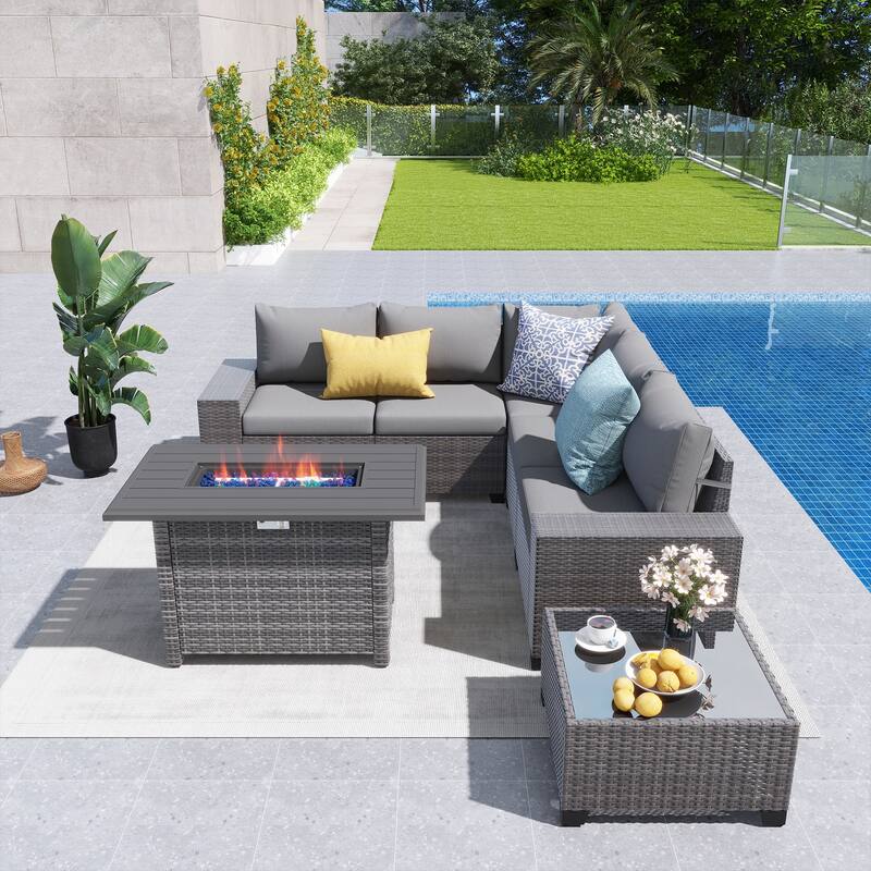 7-Piece 5 Person Patio Free Combination Wicker Conversation Set With Waterproof Cushions and Firepit Table