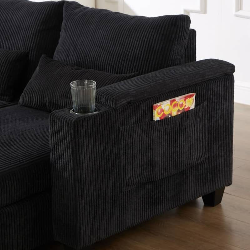 63" Corduroy Convertible Loveseat Sofa Bed with USB Ports, Two Cup Holders, A Phone Holder for Living Room