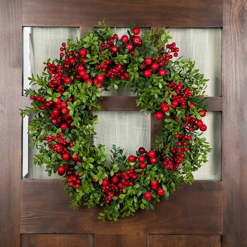 Red Berry and Boxwood Small Artificial Christmas Wreath - 20" - Unlit