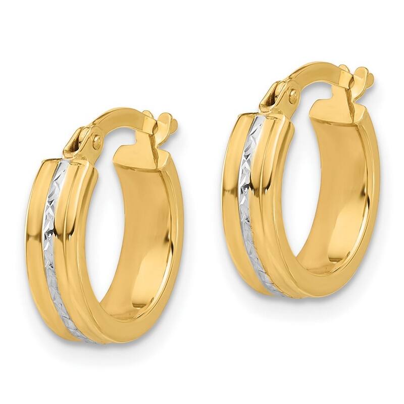 Curata 14k Yellow Gold White Rhodium Polished and Diamond cut Hoop Earrings - 14x14mm