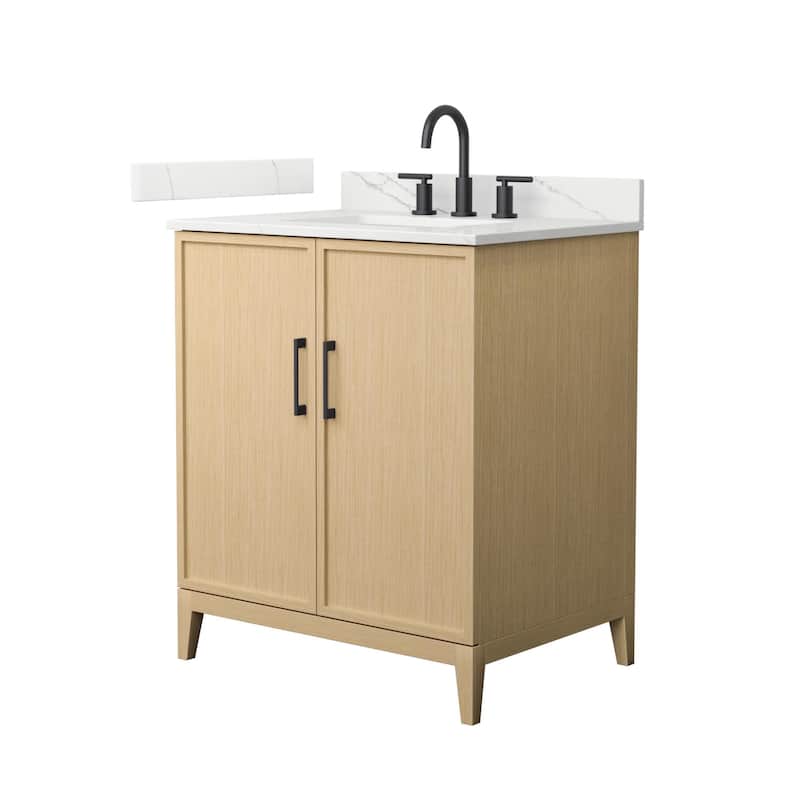 Wyndham Collection WCH717130S-QTZ-US3MXX Elan 30" Free Standing Single - White Oak / Giotto Quartz Top / Matte Black