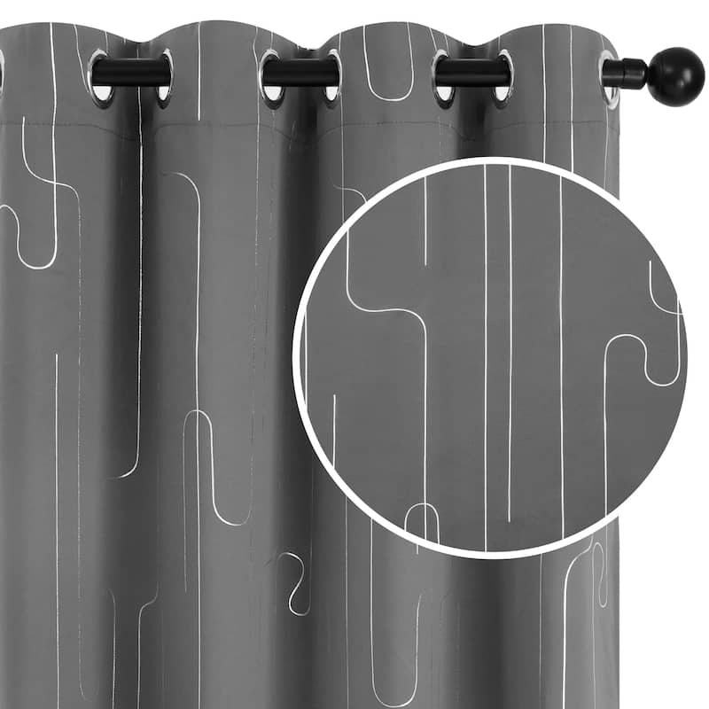Grommet Curtains, Room Darkening Window Drapes with Lines Foil Print