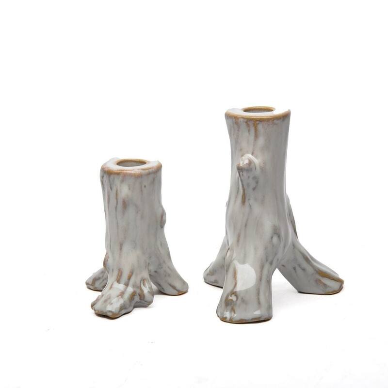 White Ceramic Tree Stump Candlestick Set of Two Rustic Home Decor - White