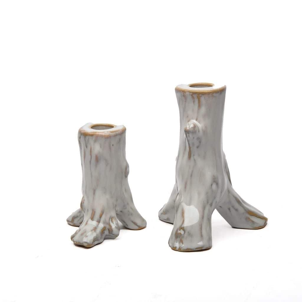 White Ceramic Tree Stump Candlestick Set of Two Rustic Home Decor