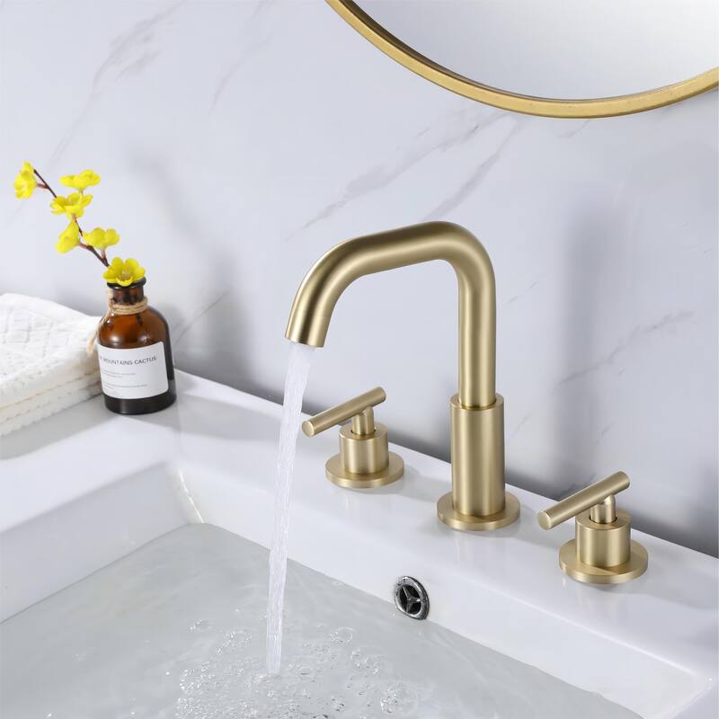 Modern Brushed Gold 360 Rotary Bathroom Faucet Widespread for Sink 3 hole with 2 Handles