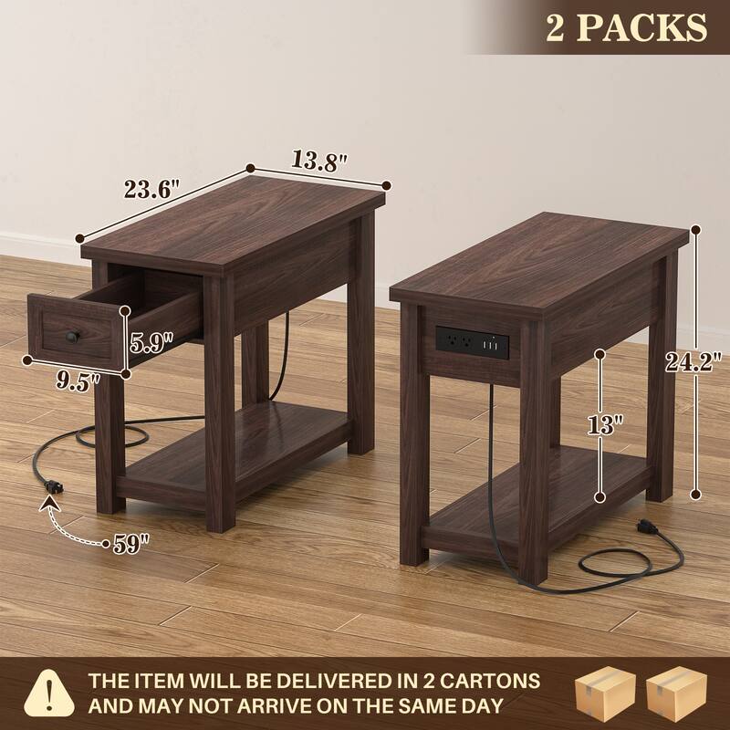 Farmhouse End Table with Wood Drawers and Charging Station, Sofa Side Table, Nightstand