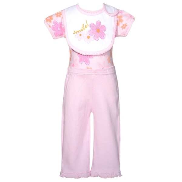 Mon Cheri Pink Flower Smile Motif 3 Pc Layette Bib Set Baby Girl 0-3M