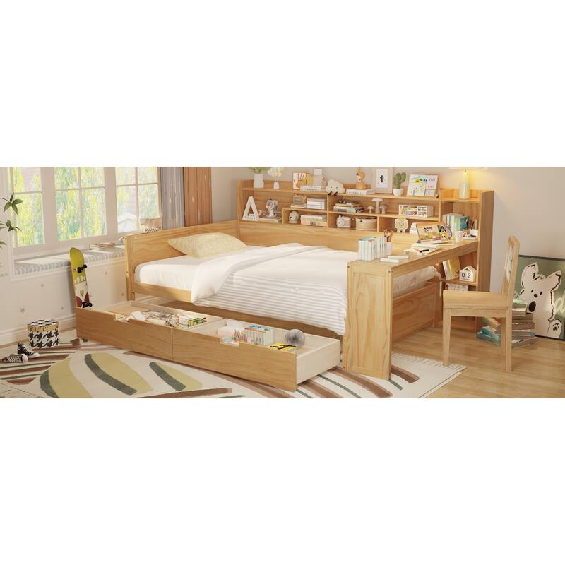 Wooden Daybed with Storage Shelves, Multi-functional Bed with Two Storage Drawers and Study Desk