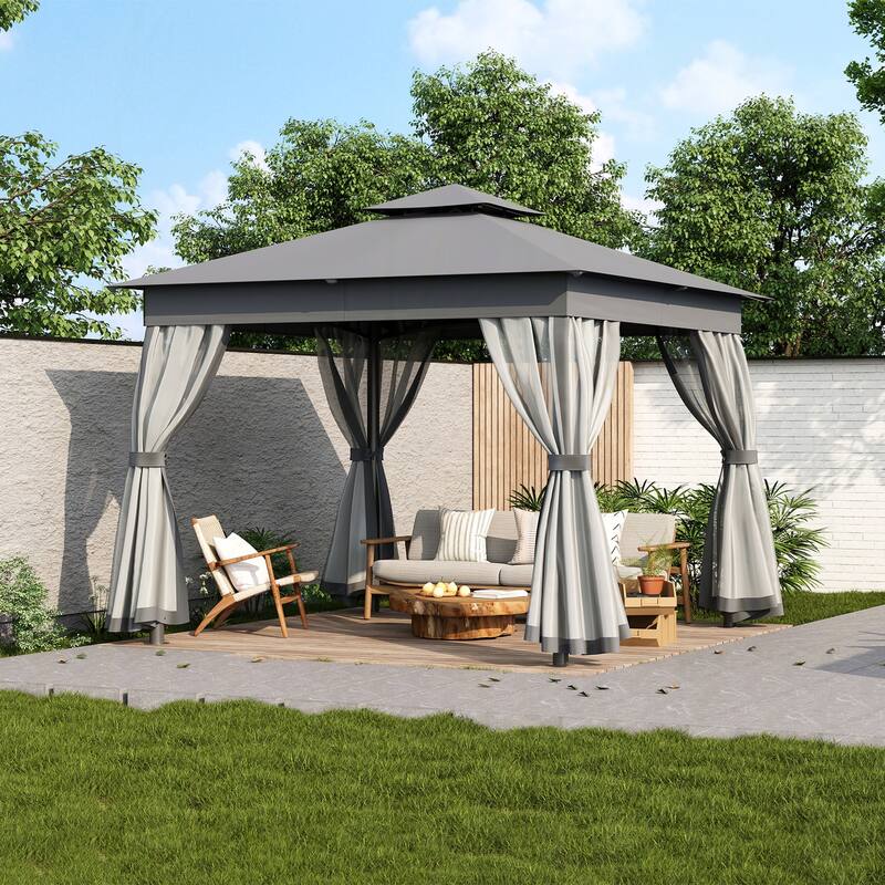 10x10 Outdoor Gazebo Tent with Double Roofs(Grey)