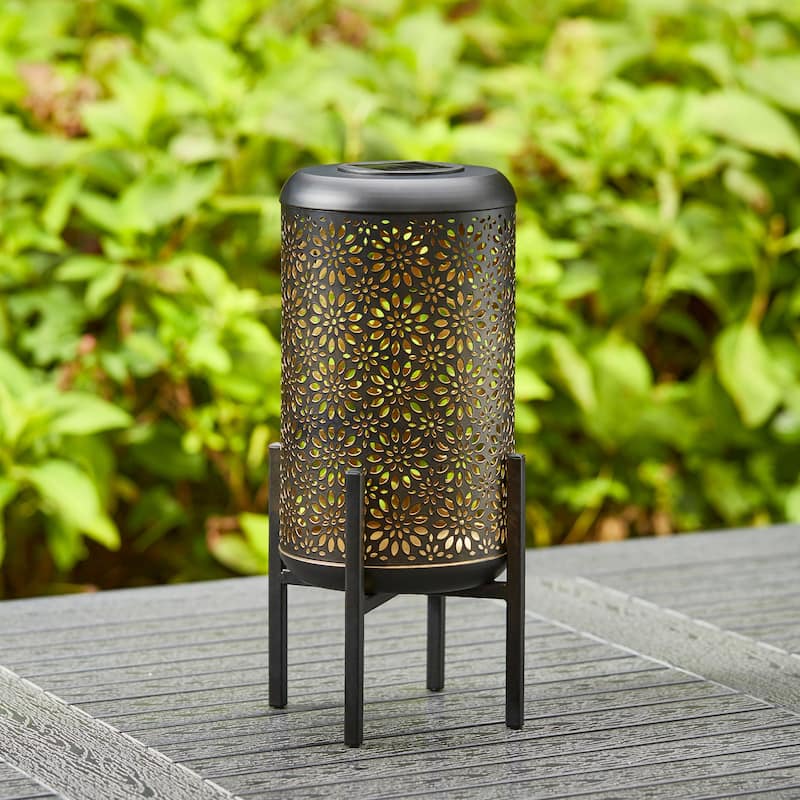 Glitzhome 14"H Outdoor Metal Cutout Flower/Leaves Solar Light Standing Lanterns Waterproof