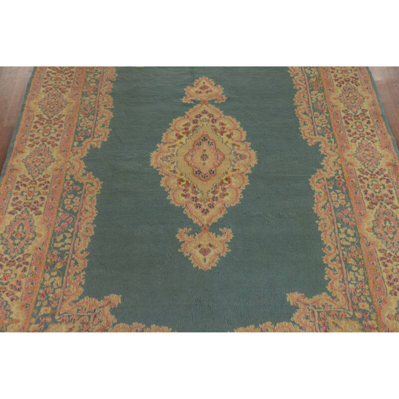 Hand Knotted Oriental 100% Wool Carpet Traditional Medallion Navy Blue & Blues Kerman Area Rug - 8' 9'' X 5' 10''