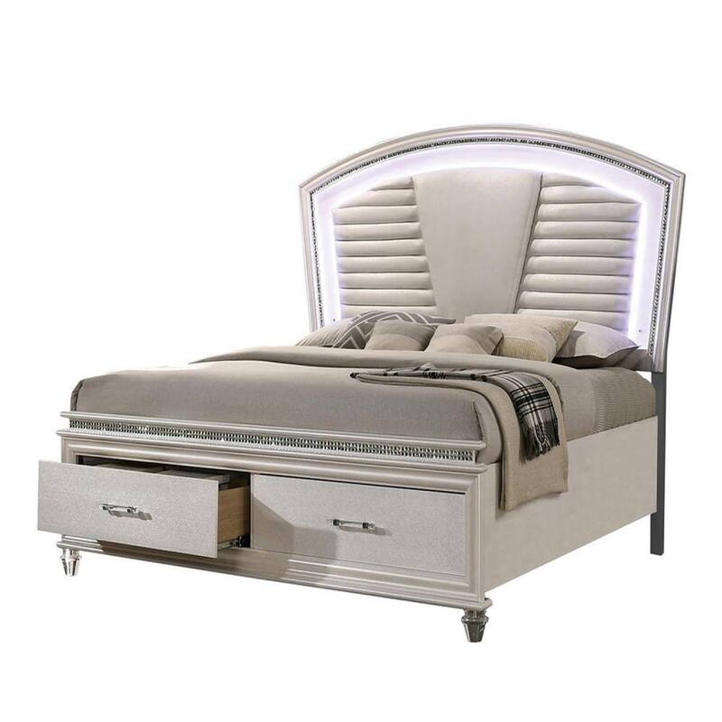 Sam Queen Bed with LED Lights, Storage, White Tufted Faux Leather