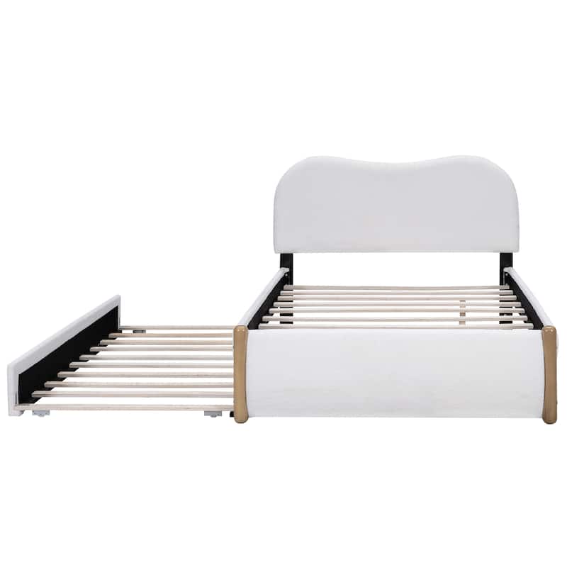 Roomfitters Twin/Full Size Upholstered Platform Bed with Trundle and Wooden Support Feet, White