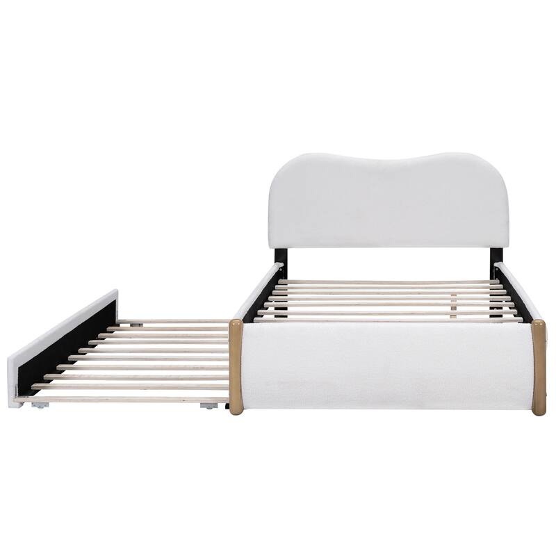 Upholstered Platform Bed with Twin Trundle, Berber Fleece Bed Frame with Thick Headboard, Wood Supporting Feet