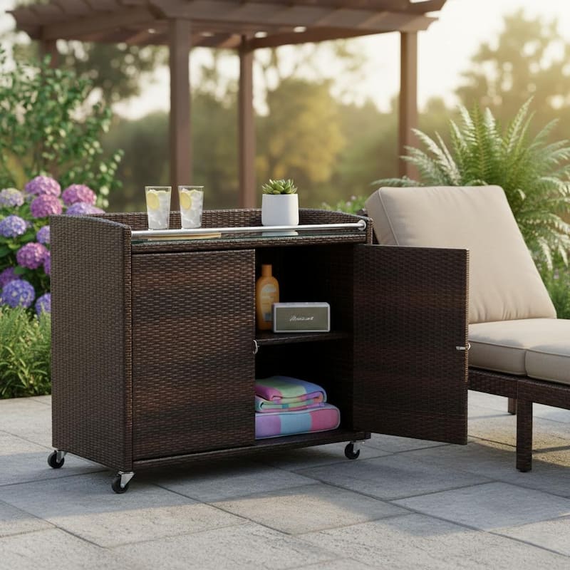 Teamson Home Outdoor Rattan Bar Serving Cart with Locking Caster Wheels, Glass Top, Large Patio Storage for Deck and Patio Use
