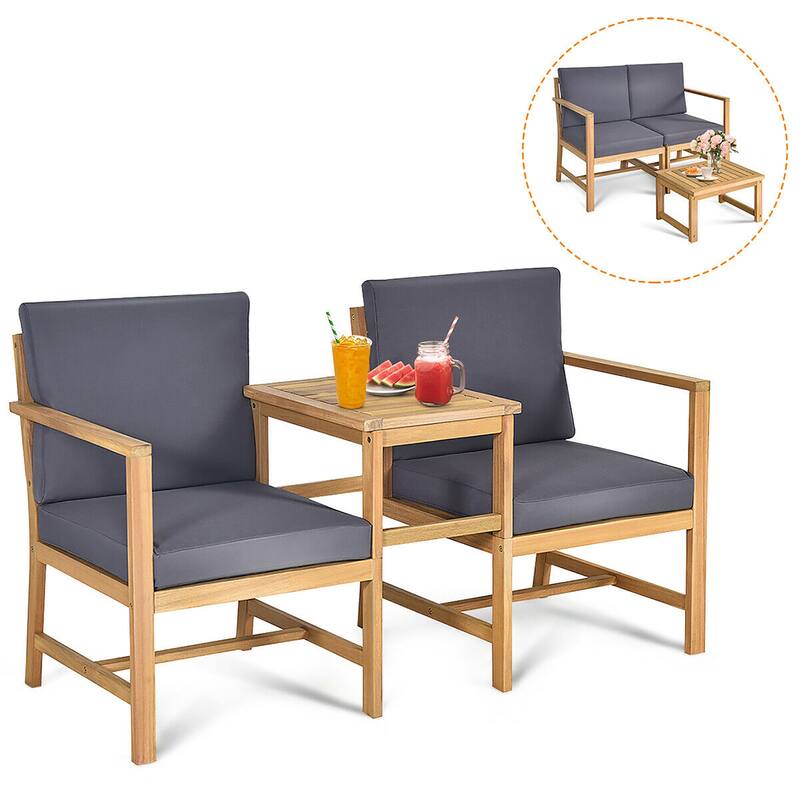 3 in 1 Acacia Wood Loveseat with Separable Coffee Table and Cushions - Natural Teak+Grey