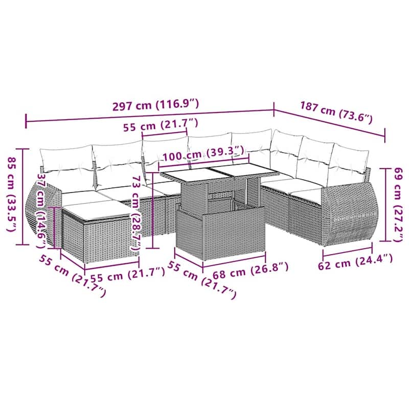 vidaXL 10 Piece Patio Sofa Set with Cushions Black/Brown/Gray Poly Rattan