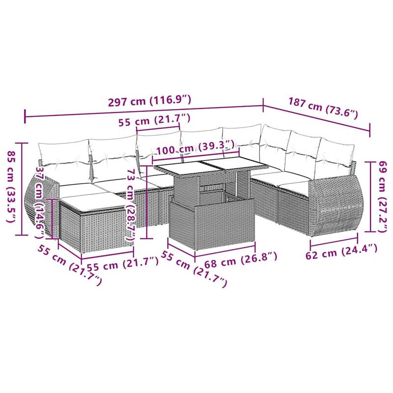 vidaXL Patio Sofa Set with Cushions Outdoor Furniture 10 Piece Poly Rattan - 21.7 x 39.4 x 28.7