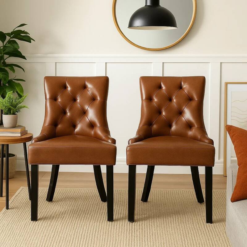 Chen Dining Chair Set of 2, Diamond Tufted Back, Brown Faux Leather