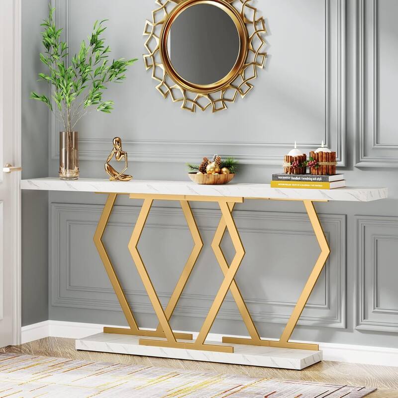 70.9 Inch Extra Long Sofa Console Table Faux Marble Tabletop Metal Frame Modern Style for Living Room/Entryway/Hallway - White