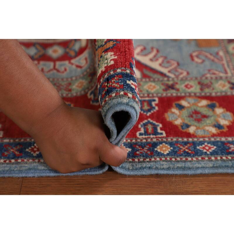 Light Blue Geometric Kazak Rug Handmade Traditional Wool Carpet - 3'0" x 4'11"
