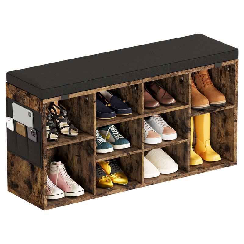 Compact Shoe Bench with Adjustable Heights,Cushioned 3-Tier Shoe Rack Organizer with 5 Compartments - Max Brown
