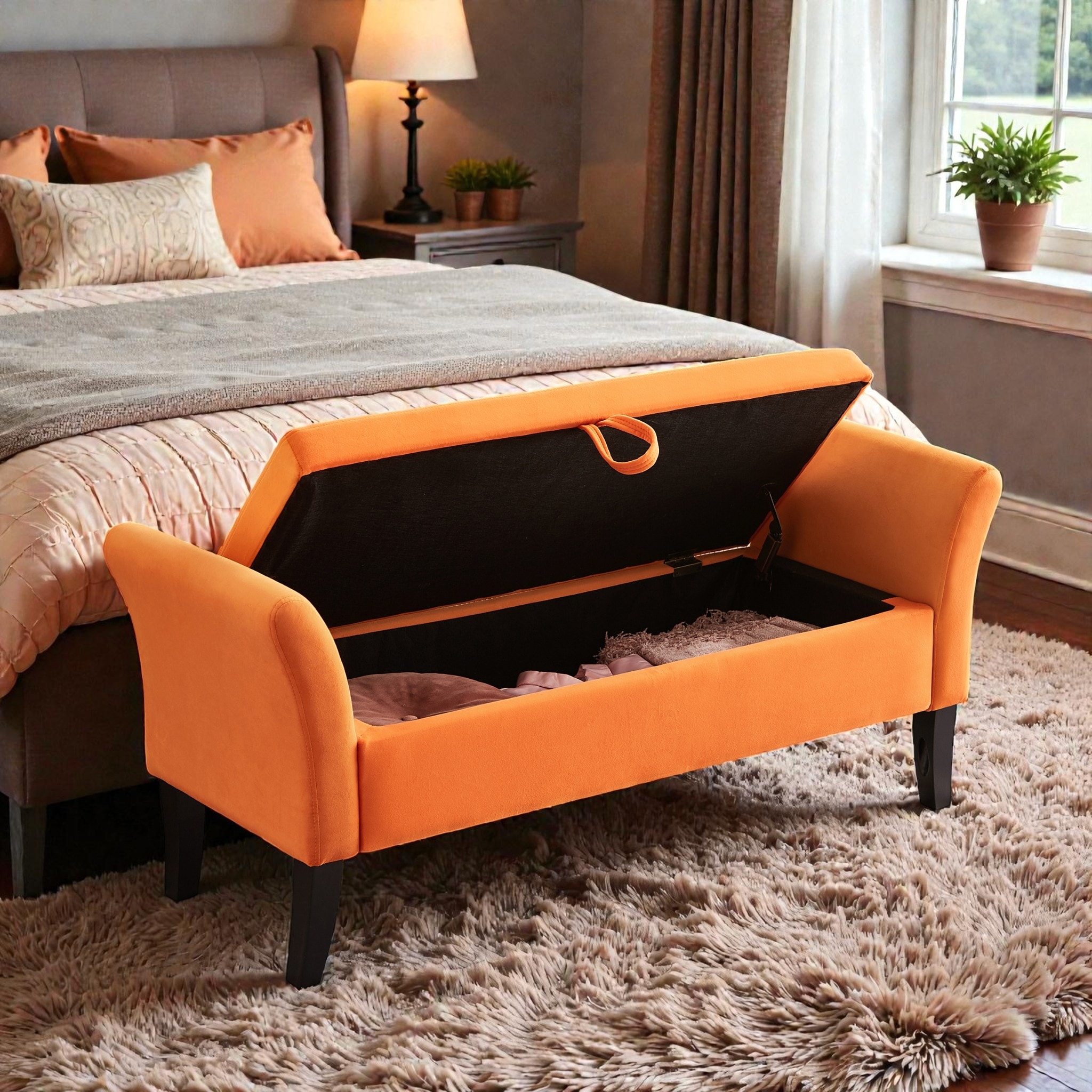 Upholstered Velvet Storage Bench with Curved Armrests, Tufted End of Bed Ottoman Bench with Hidden Compartment for Bedroom