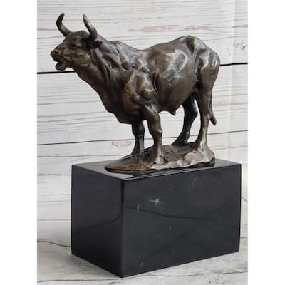 Hot Cast Bronze Metal Bull Cattle Cow Sculpture Statue Figure On Marble Base