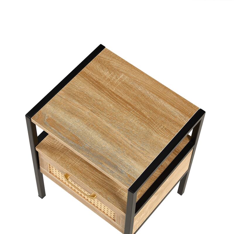 Modern Natural Rattan Wooden Nightstand/End Table/Side Table with Drawer(Set of 2)