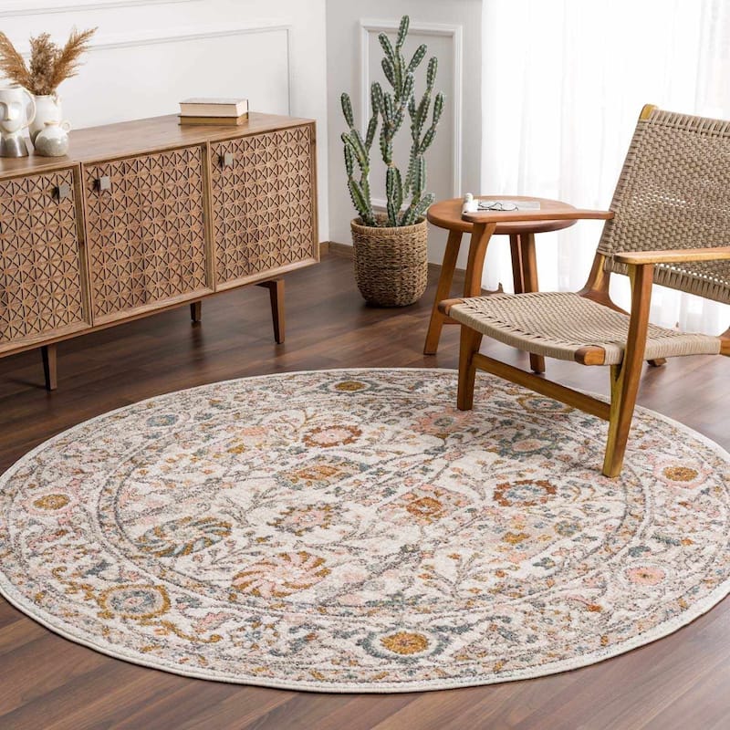 Hauteloom Herstmonceux Living Room, Bedroom Area Rug - Camel, Charcoal, Dusty Pink - 2' x 2'11" - 5'3" Round - Camel, Charcoal, Dusty Pink / Herstmonceux