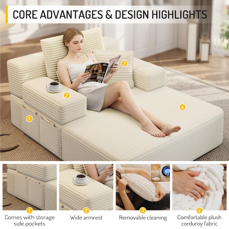 Luxurious Plush Corduroy Chaise Lounge Convertible Sofa Bed with Storage Pocket and Wide Armrests