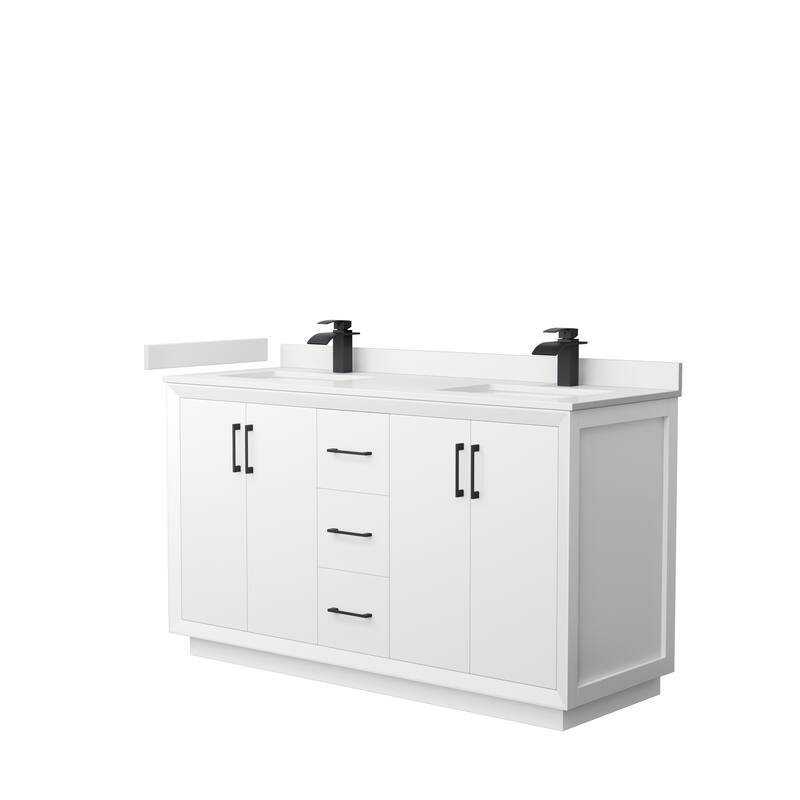 Strada 60-inch Double Vanity, Quartz Top - White, Black Trim, White Quartz Top