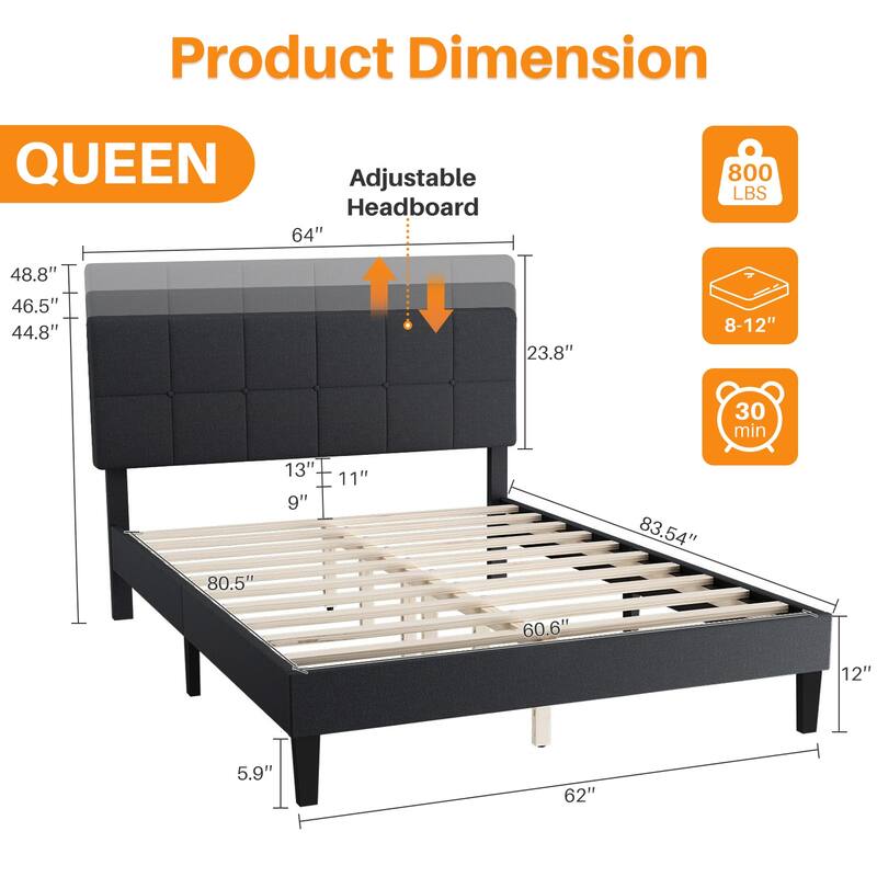 Queen Size Platform Bed Frame with Fabric Upholstered Headboard and Wooden Slats Support, No Box Spring Needed/Easy Assembly
