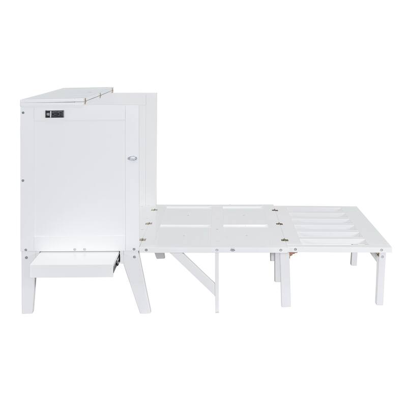 Murphy Cabinet Bed Frame with Charging Station and Shelf / Desk, Wood Foldable Platform Bed Cabinet Bed for Bedroom Guest Room