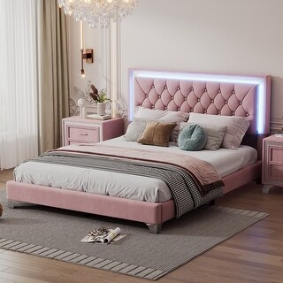 Curated visual reference: Picture Idea: Full Queen Size Velvet Upholstered Platform Bed With Led Lights