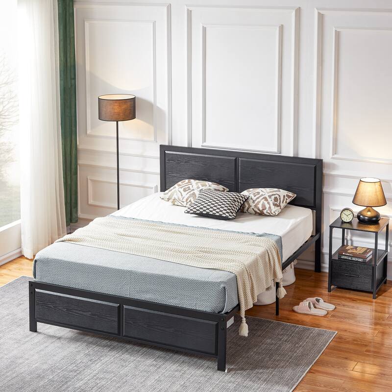 Bedroom Set of 3 Wood Headboard Platform Bed Frame Set of 2 Nightstands with Charging Station USB Port