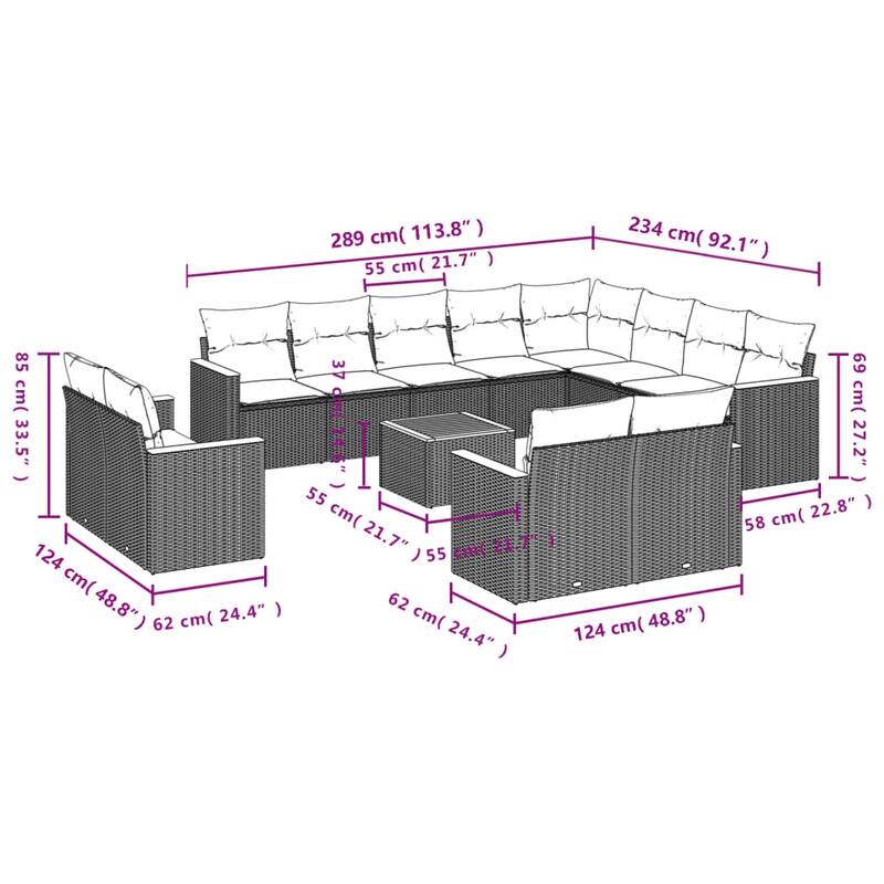 vidaXL 12/13 Piece Patio Sofa Set with Cushions Black/Gray Poly Rattan - 24.4 x 24.4 x 27.2
