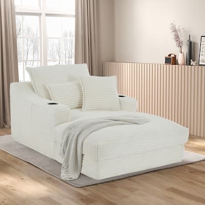 Modern Classic Corduroy Upholstered Frameless Chaise Lounge Chair with Two Cup Holders