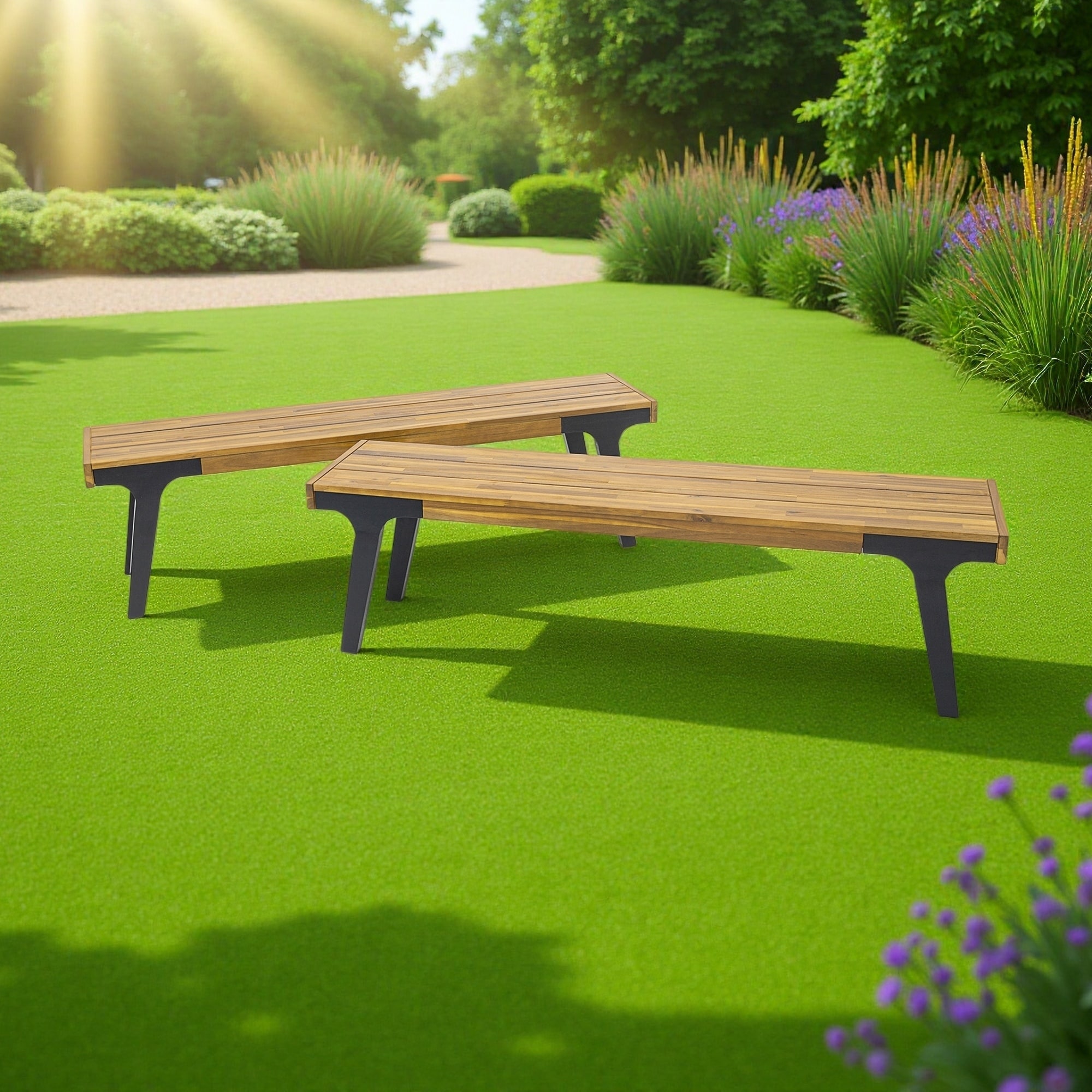 Modern Wood Bench with Slatted Seat for Yard, Lawn(Set of 2)