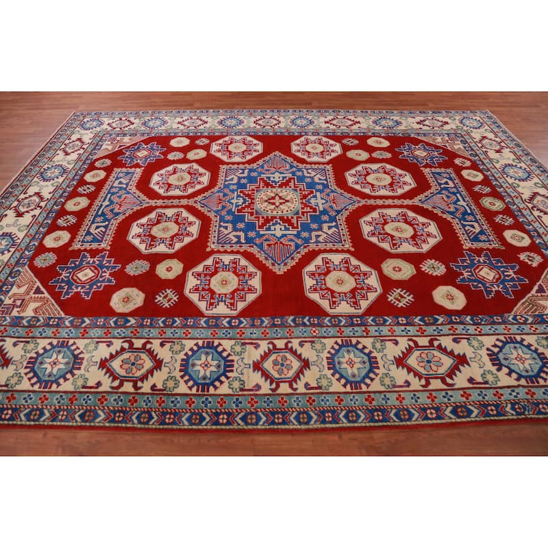 Hand Knotted Oriental 100% Wool Carpet Traditional Geometric Red Kazak Area Rug - 11' 5'' X 8' 4''
