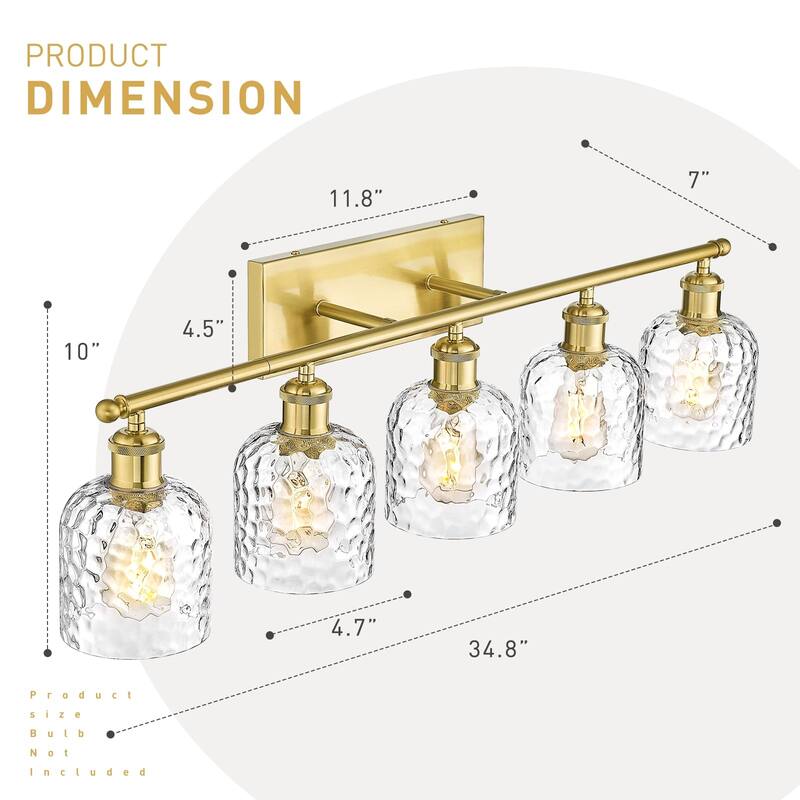 Bathroom Lighting with Clear Hammered Glass, Brushed Gold Finish