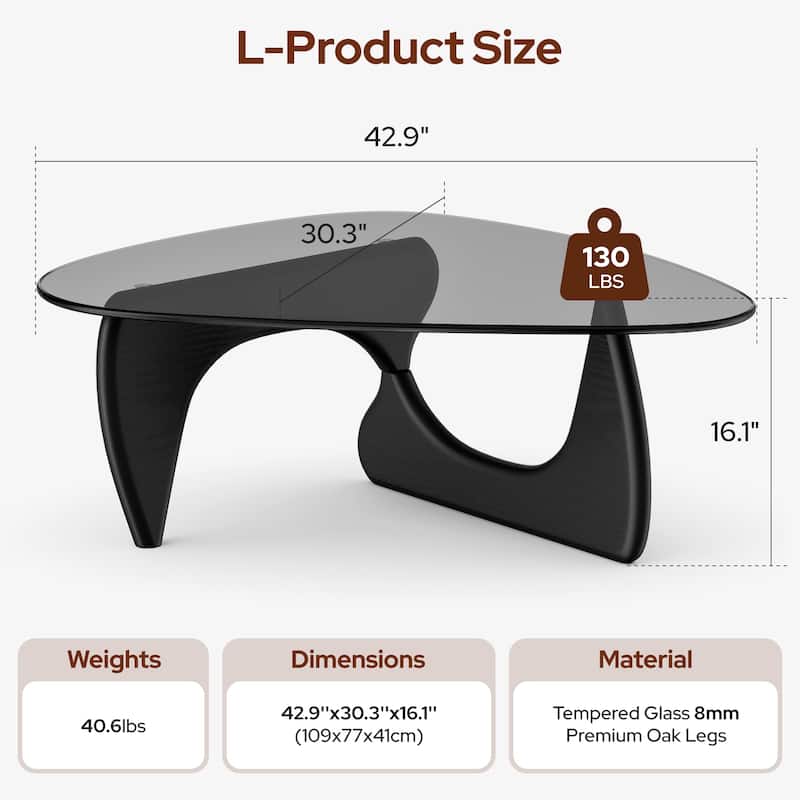 Mid Century Triangle Coffee Table Tempered Glass Top With Rubber - Grey Glass L Size