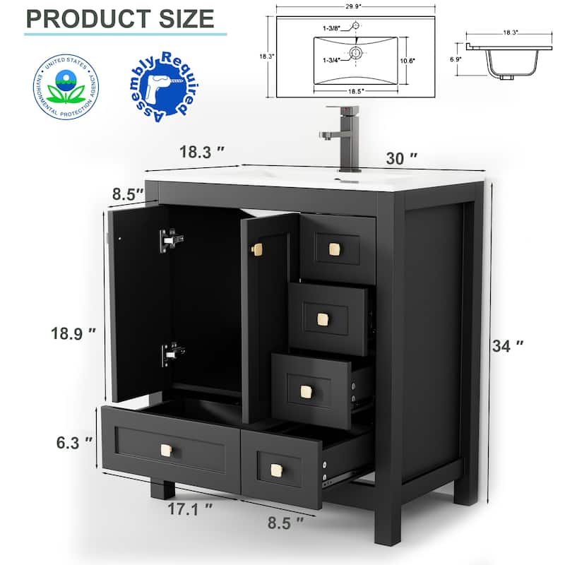 Eclife 30'' Bathroom Vanities Cabinet with Drop in Sink Combo Set