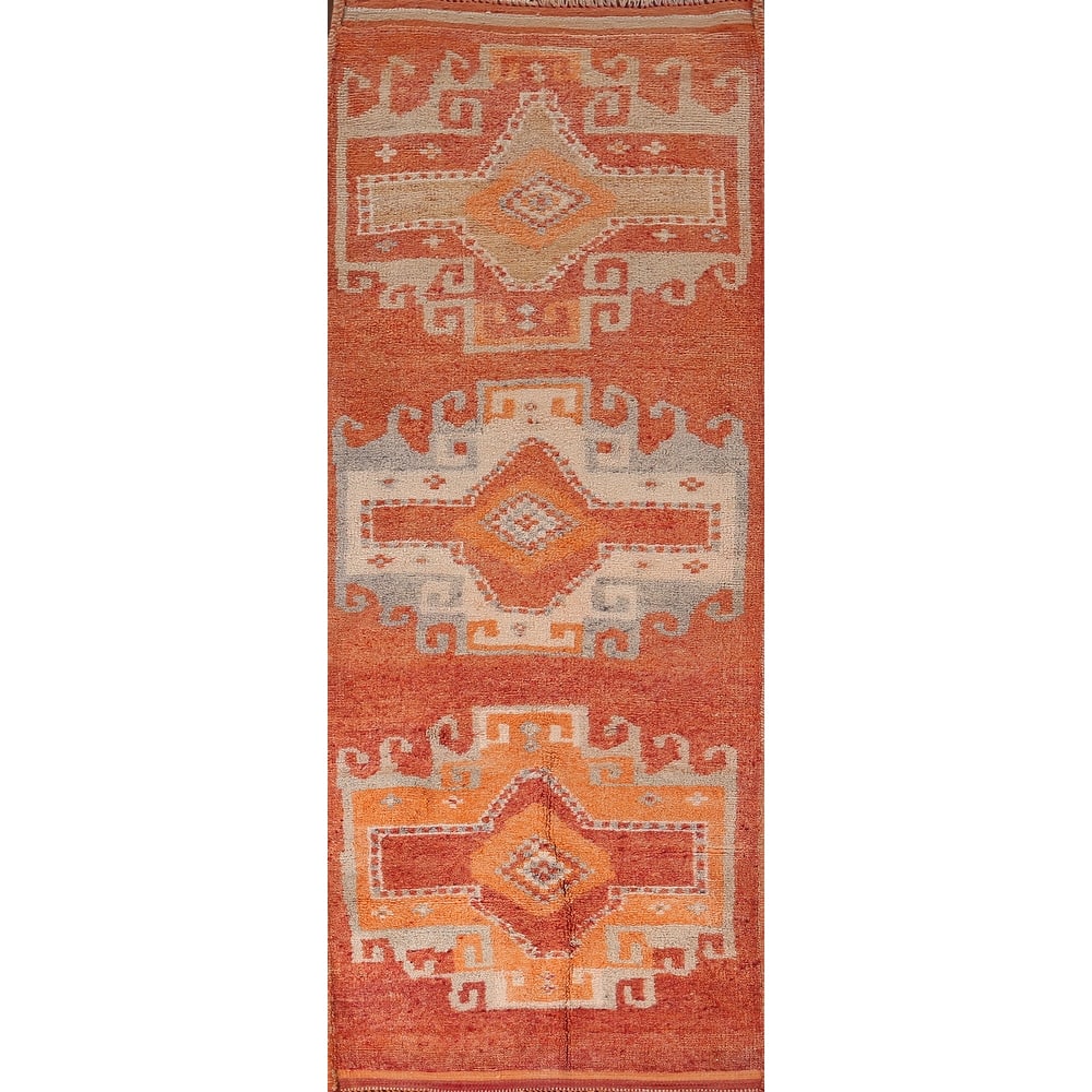 Handmade Orange Geometric Oushak Turkish Vintage Runner Rug - 3'3"x 9'4"