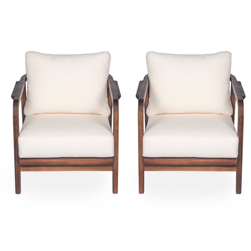 [Set of 2] 28" Outdoor Lounge Chair with Woven Backrest,Solid Wood Frame,Comfortable Cushions,Curved Armrests