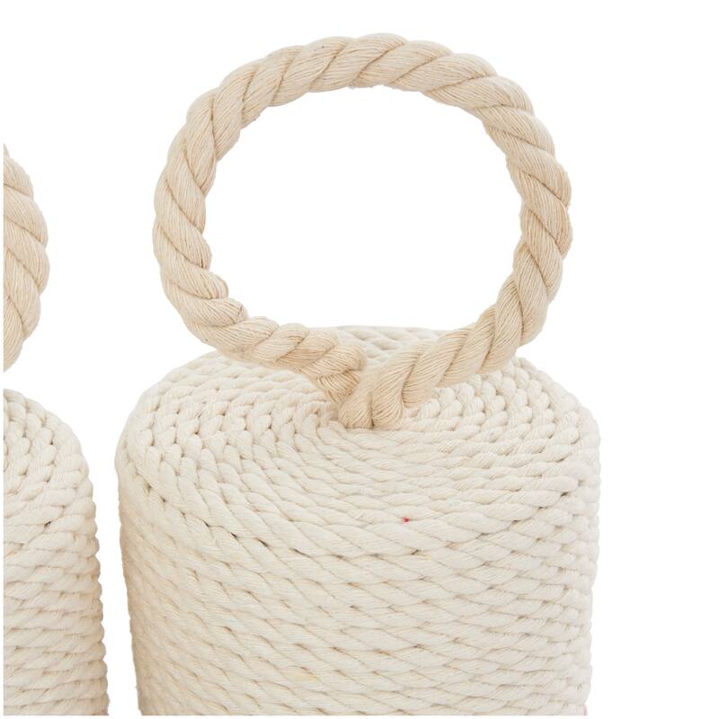 Cream Cotton Fabric Coiled Colorblock Buoy Sculpture with Red and Blue Bases (Set of 2)