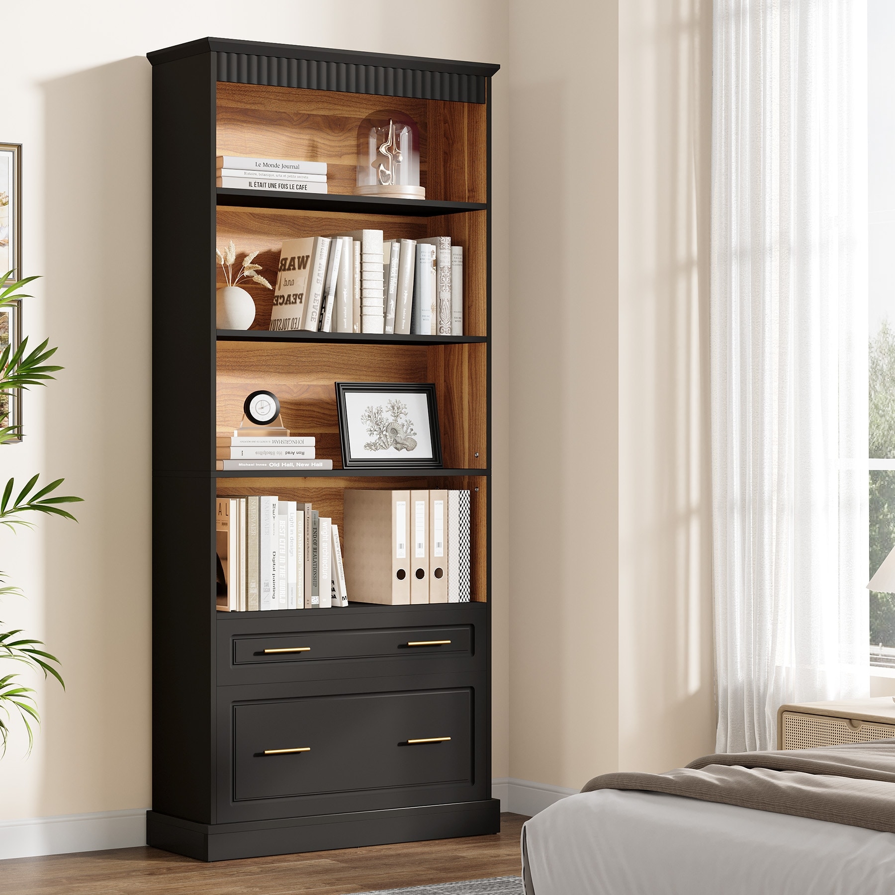 dresser bookshelf combo ivaniti 71" Tall Farmhouse Bookshelves, Brown Large Bookcase with Adjustable Shelves, 3 Drawers Wooden Storage Cabinet for Living Room, Kitchen, Dining Room, Home Office, Open Cabinet : Home & Kitchen 17 x 15 x 61.5(L x W x H) Drawer Size(Inner) Dresser and Bookcase Combo -