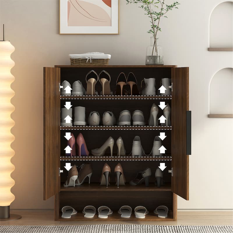 Modern Wooden Shoe Storage Cabinet Organizer with Doors & Adjustable Shelves