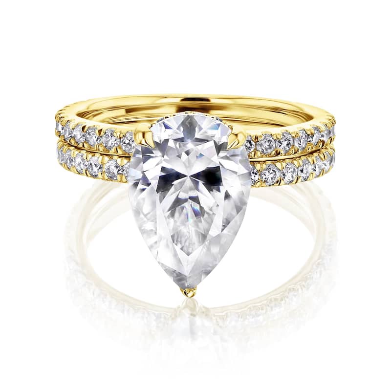 Kobelli Signature Collection 4.3 Carat Moissanite & Diamond 14k Solid Gold Pear Hidden Halo Near Eternity Payton Bridal Set - 5 - Yellow