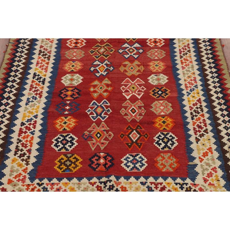 Red Kilim Qashqai Persian Vintage Rug Flatweave Geometric Wool Carpet - 5'4"x 7'7"